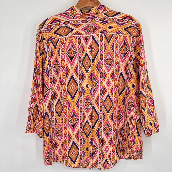 Chicos 3 Womens Ikat Linen Button-Back no iron Shirt blouse 3/4 sleeve Size XL - Picture 15 of 16
